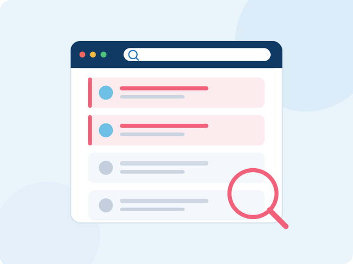 Search results list with a magnifying glass highlighting top brand results, representing dominant brand search visibility.